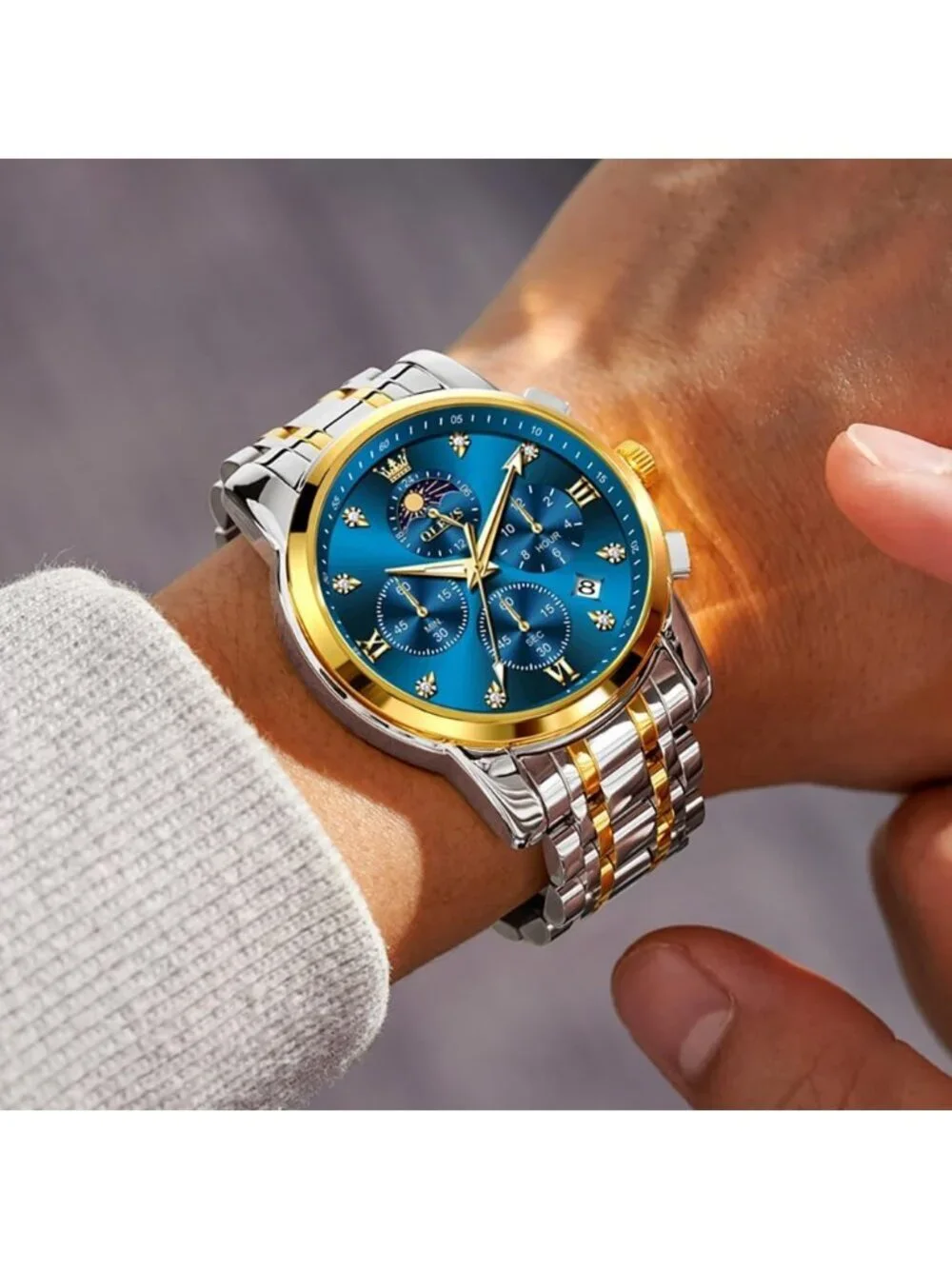 Men's Blue Diamond Analog Quartz Stainless Waterproof Luminous Classic Watch